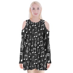 Chalk Music Notes Signs Seamless Pattern Velvet Long Sleeve Shoulder Cutout Dress