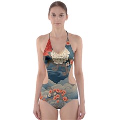 Seamless Pattern Chinoiserie Flowers Cut-out One Piece Swimsuit by Paksenen