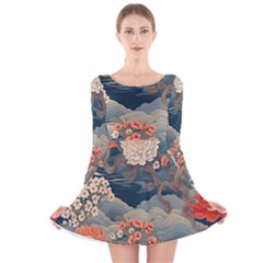 Seamless Pattern Chinoiserie Flowers Long Sleeve Velvet Skater Dress