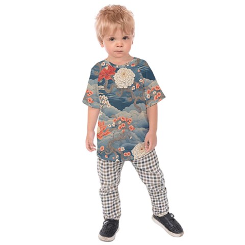 Seamless Pattern Chinoiserie Flowers Kids  Raglan T-shirt by Paksenen