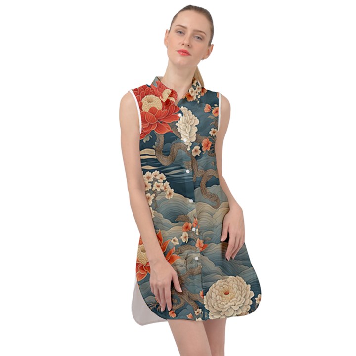 Seamless Pattern Chinoiserie Flowers Sleeveless Shirt Dress