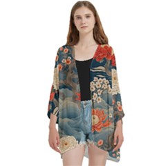 Seamless Pattern Chinoiserie Flowers Open Front 3/4 Sleeve Batwing Chiffon Cardigan Kimono