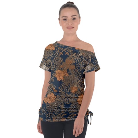 Seamless Pattern Patterns Leaves Vintage Off Shoulder Tie-up T-shirt by Paksenen