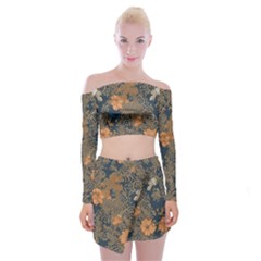 Seamless Pattern Patterns Leaves Vintage Off Shoulder Top With Mini Skirt Set