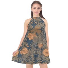 Seamless Pattern Patterns Leaves Vintage Halter Neckline Chiffon Dress 