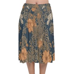 Seamless Pattern Patterns Leaves Vintage Velvet Flared Midi Skirt