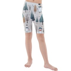 Snowman Snow Christmas Kids  Mid Length Swim Shorts