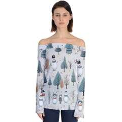 Snowman Snow Christmas Off Shoulder Long Sleeve Top