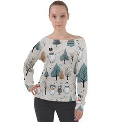 Snowman Snow Christmas Off Shoulder Long Sleeve Velour Top