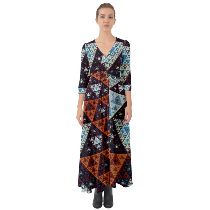 Fractal Triangle Geometric Abstract Pattern Button Up Boho Maxi Dress