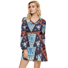 Fractal Triangle Geometric Abstract Pattern Tiered Long Sleeve Mini Dress by Cemarart