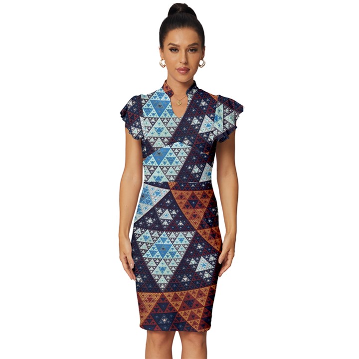 Fractal Triangle Geometric Abstract Pattern Vintage Frill Sleeve V-Neck Bodycon Dress