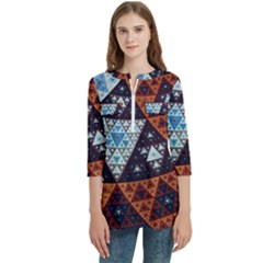 Fractal Triangle Geometric Abstract Pattern Women s Zip Front V-neck 3/4 Sleeve Casual Top Pocket Shirt