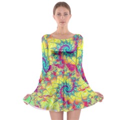 Fractal Spiral Abstract Background Vortex Yellow Long Sleeve Skater Dress