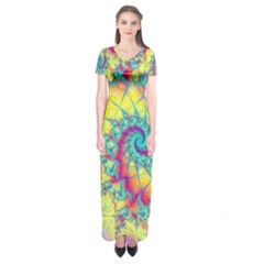 Fractal Spiral Abstract Background Vortex Yellow Short Sleeve Maxi Dress