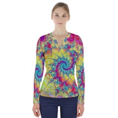 Fractal Spiral Abstract Background Vortex Yellow V-neck Long Sleeve Top by Ket1n9