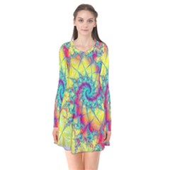 Fractal Spiral Abstract Background Vortex Yellow Long Sleeve V-neck Flare Dress