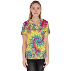 Fractal Spiral Abstract Background Vortex Yellow Women s V-neck Scrub Top