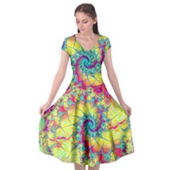 Fractal Spiral Abstract Background Vortex Yellow Cap Sleeve Wrap Front Dress