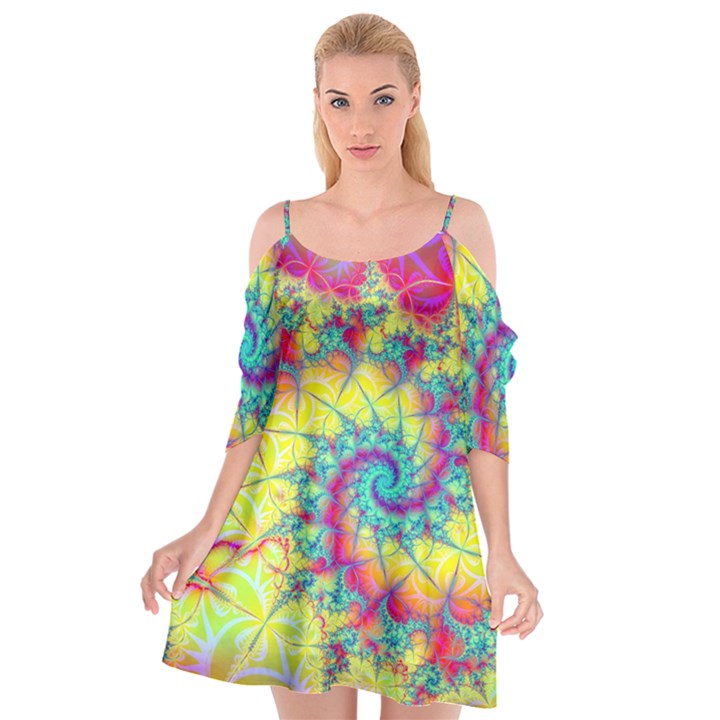 Fractal Spiral Abstract Background Vortex Yellow Cutout Spaghetti Strap Chiffon Dress