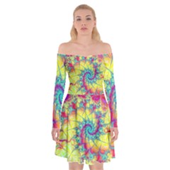 Fractal Spiral Abstract Background Vortex Yellow Off Shoulder Skater Dress