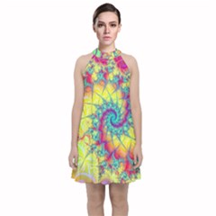 Fractal Spiral Abstract Background Vortex Yellow Velvet Halter Neckline Dress 