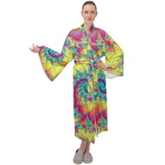 Fractal Spiral Abstract Background Vortex Yellow Maxi Velvet Kimono by Ket1n9