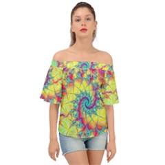 Fractal Spiral Abstract Background Vortex Yellow Off Shoulder Short Sleeve Top by Ket1n9