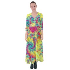 Fractal Spiral Abstract Background Vortex Yellow Button Up Maxi Dress by Ket1n9