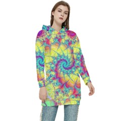 Fractal Spiral Abstract Background Vortex Yellow Women s Long Oversized Pullover Hoodie