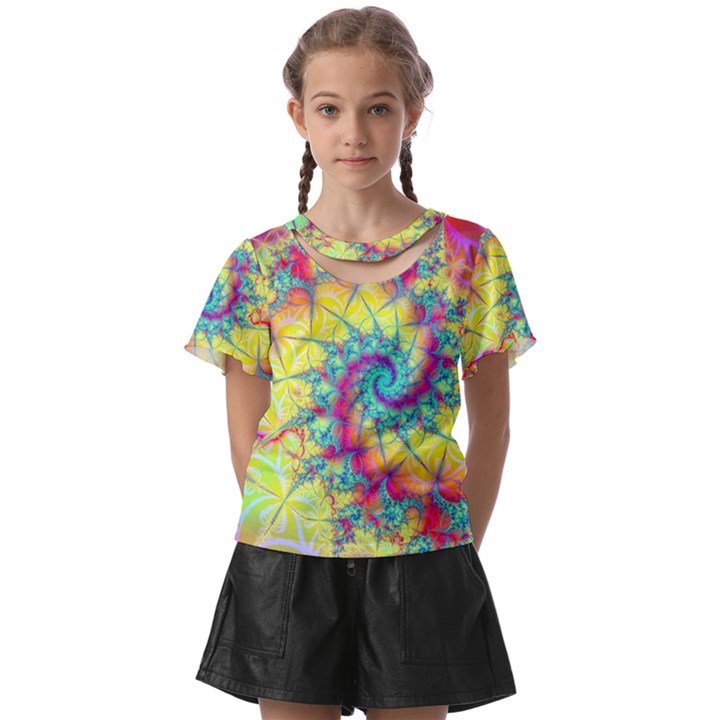 Fractal Spiral Abstract Background Vortex Yellow Kids  Front Cut T-Shirt