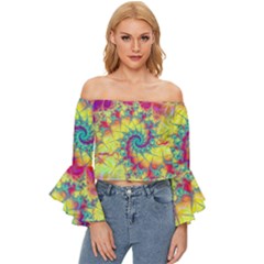 Fractal Spiral Abstract Background Vortex Yellow Off Shoulder Flutter Bell Sleeve Top