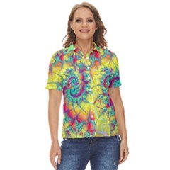 Fractal Spiral Abstract Background Vortex Yellow Women s Short Sleeve Double Pocket Shirt