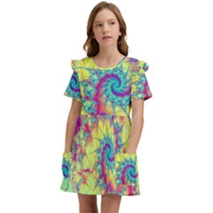 Fractal Spiral Abstract Background Vortex Yellow Kids  Frilly Sleeves Pocket Dress