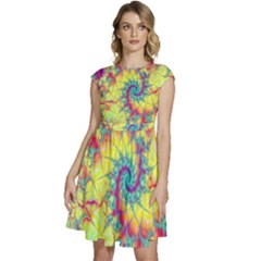 Fractal Spiral Abstract Background Vortex Yellow Cap Sleeve High Waist Dress