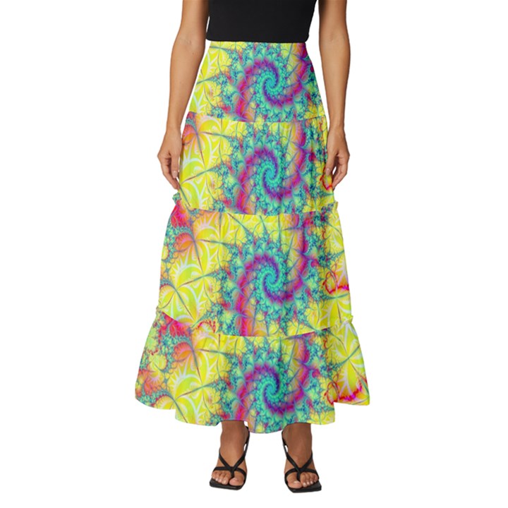 Fractal Spiral Abstract Background Vortex Yellow Tiered Ruffle Maxi Skirt