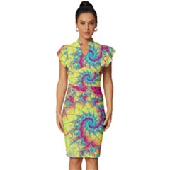 Fractal Spiral Abstract Background Vortex Yellow Vintage Frill Sleeve V-neck Bodycon Dress