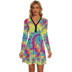 Fractal Spiral Abstract Background Vortex Yellow Long Sleeve Deep V Mini Dress  by Ket1n9