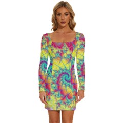 Fractal Spiral Abstract Background Vortex Yellow Long Sleeve Square Neck Bodycon Velvet Dress