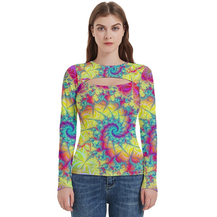 Fractal Spiral Abstract Background Vortex Yellow Women s Cut Out Long Sleeve T-Shirt