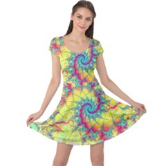 Fractal Spiral Abstract Background Vortex Yellow Cap Sleeve Dress by Ket1n9