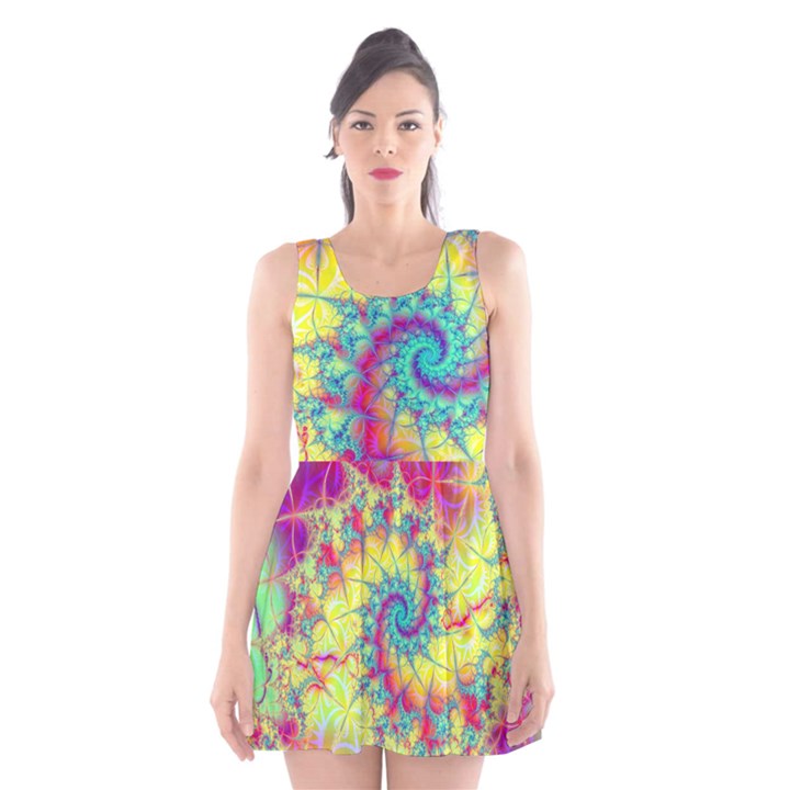 Fractal Spiral Abstract Background Vortex Yellow Scoop Neck Skater Dress