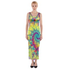 Fractal Spiral Abstract Background Vortex Yellow Fitted Maxi Dress