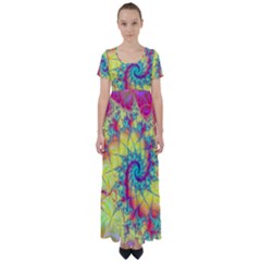 Fractal Spiral Abstract Background Vortex Yellow High Waist Short Sleeve Maxi Dress