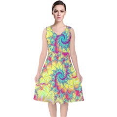 Fractal Spiral Abstract Background Vortex Yellow V-neck Midi Sleeveless Dress 