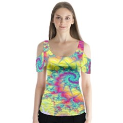 Fractal Spiral Abstract Background Vortex Yellow Butterfly Sleeve Cutout T-shirt 