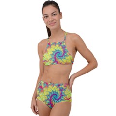 Fractal Spiral Abstract Background Vortex Yellow Halter Tankini Set by Ket1n9