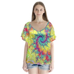 Fractal Spiral Abstract Background Vortex Yellow V-neck Flutter Sleeve Top