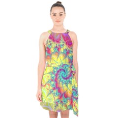 Fractal Spiral Abstract Background Vortex Yellow Halter Collar Waist Tie Chiffon Dress