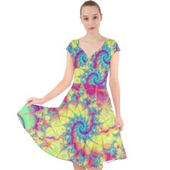 Fractal Spiral Abstract Background Vortex Yellow Cap Sleeve Front Wrap Midi Dress